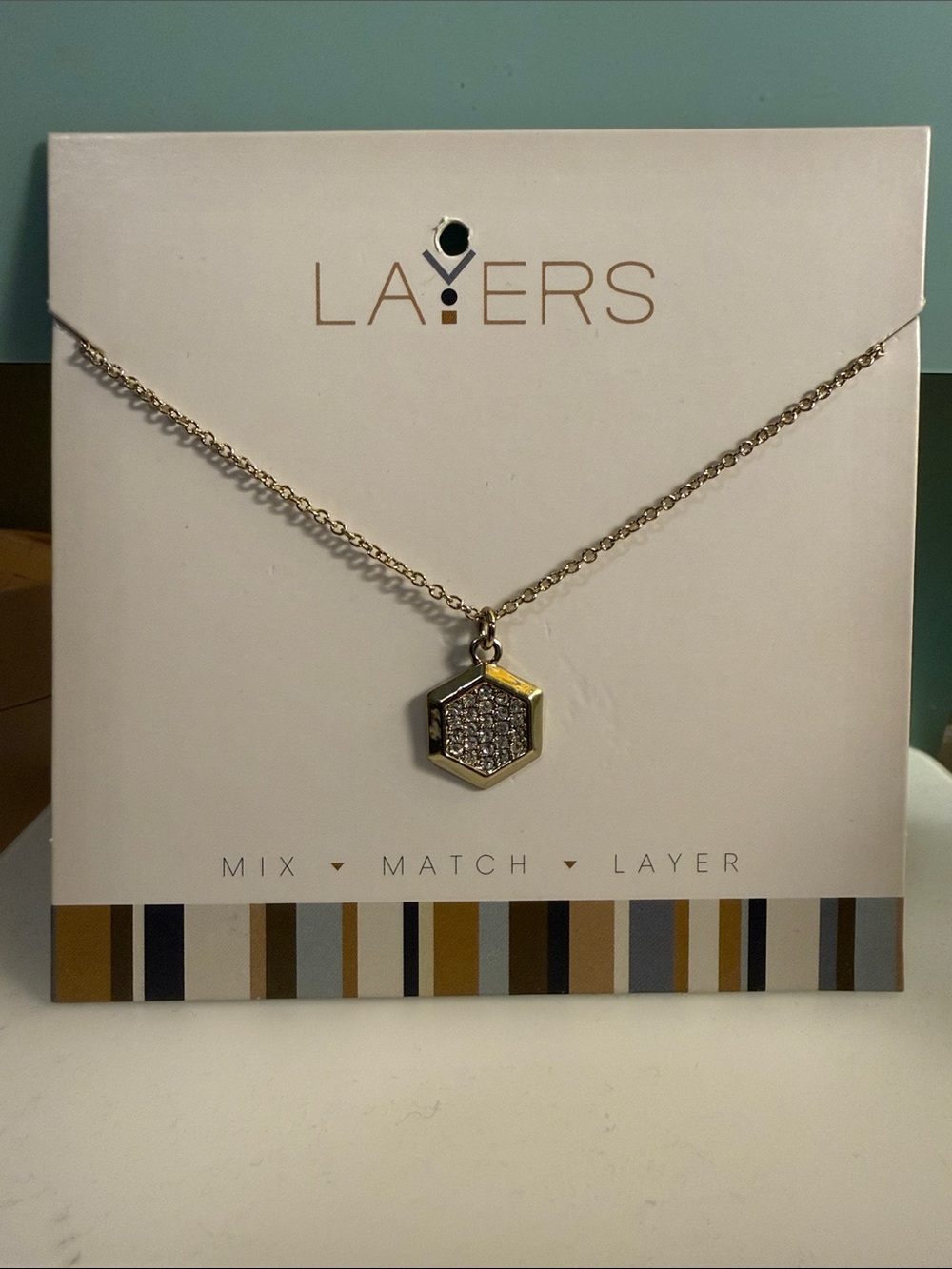 Adjustable Gold Hexagon Pendant Necklace with Crystal Accent